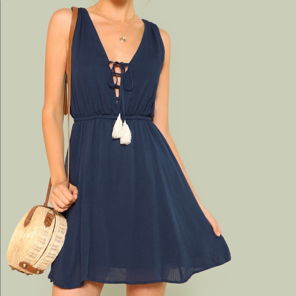 Navy Lace Up Tassel Plunging Dress